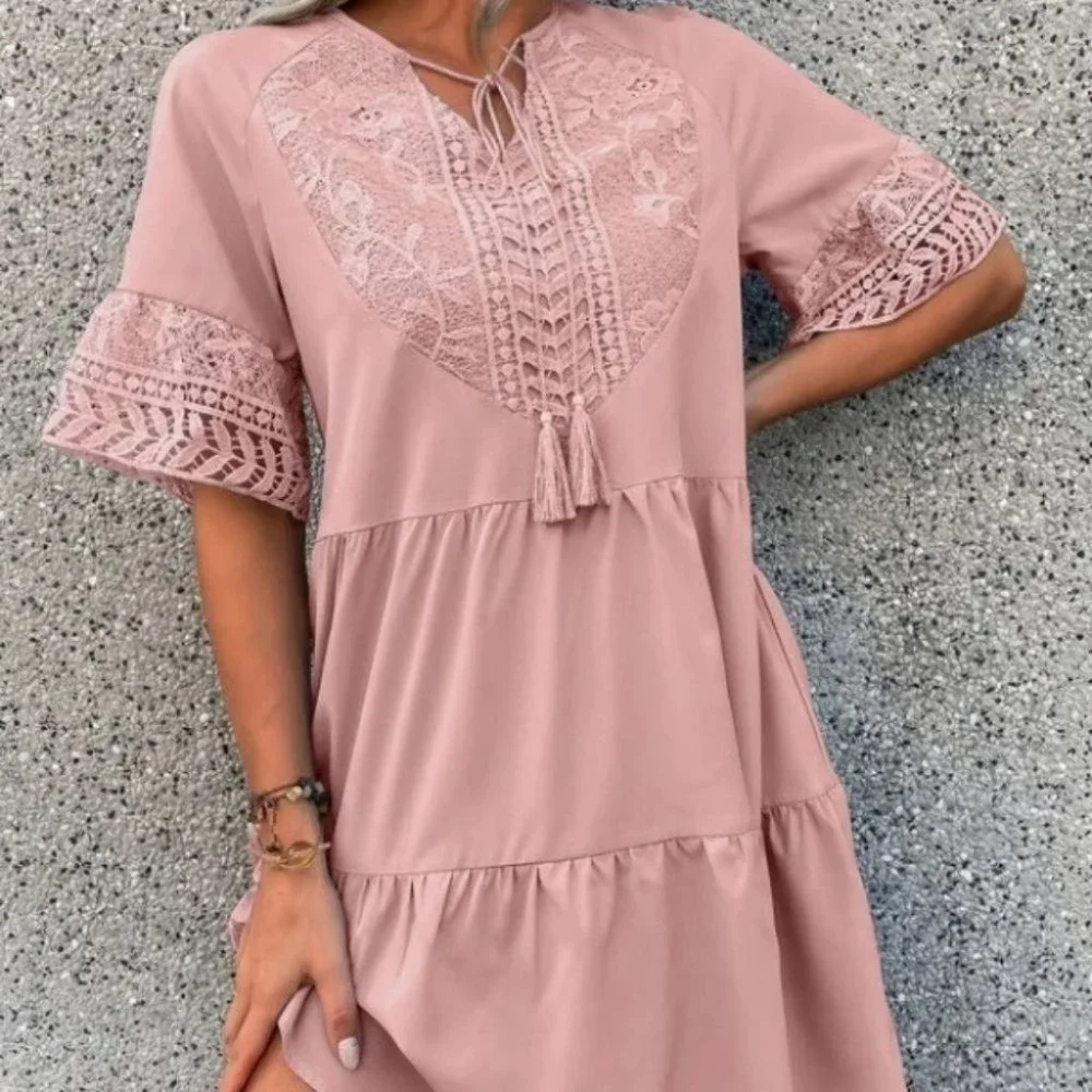 Tassel Tie Ruffle Hem lace detailed mini Dress - Picture 6 of 6